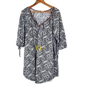 Lucky Brand Blue White Floral Tassel Tie 3/4 Sleeve Mini Dress Women's Size XL